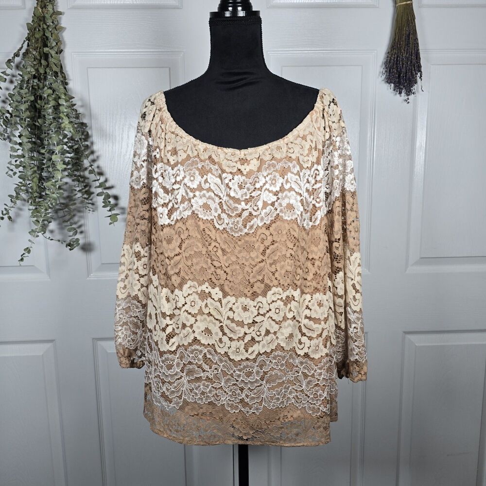 New York & Company Beige Tan Lace Off Shoulder Blouse XL